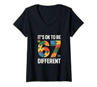 Women's Its Ok to Be 6 7 Different Autism Puzzle Support V-Neck T-Shirt