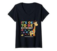 Womens It's OK to Be Different Puzzle Giraffe Awareness Art V-Neck T-Shirt