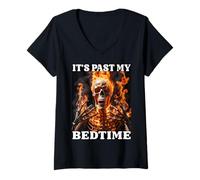 Womens It's Past My Bedtime Tired Skeleton Fire Flames Funny Meme V-Neck T-Shirt