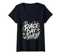 Women's Its Race Day Yall Racing Matching Performance Checkered Flag V-Neck T-Shirt