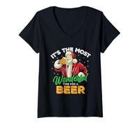 Womens It's The Most Wonderful Time for A Beer Funny Santa Joke V-Neck T-Shirt