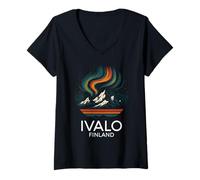 Womens Ivalo Finland Northern Lights Aurora Mountains Finnish Finns V-Neck T-Shirt
