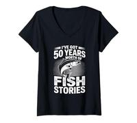 Womens I've Got 50 Years Fish Stories Fishing V-Neck T-Shirt