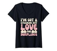 Womens I've Got A Steaming Hot Love for Dumplings Kawaii Dim Sum V-Neck T-Shirt