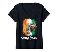 Women's Ivory Coast Elephant and National Flag Watercolor Splash Art V-Neck T-Shirt