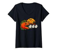 Women's Jack O Lantern Chasing Cute Ghosts Funny Halloween Costume V-Neck T-Shirt