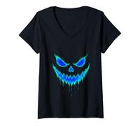 Womens Jack o Lantern Evil Pumpkin Face Creepy Scary Halloween V-Neck T-Shirt