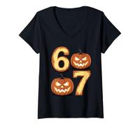 Women's Jack O Lantern Pumpkin 67 Meme Six Seven Funny 6 7 Halloween V-Neck T-Shirt