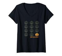 Womens Jack O Lantern Pumpkin Grid Cute Happy Halloween Graphic V-Neck T-Shirt