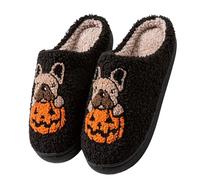 Women's Jack O Lantern Slippers, Warm Fleece Non Slip Slip On Round Toe Cushioned Insole Casual House Shoes, Halloween Spooky Classic Print Trick Or Treat Festive Party Holiday Footwear