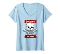 Womens Jackass Forever Red Skull And Crutches Warning Logo V-Neck T-Shirt