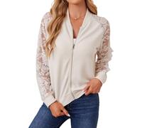 Womens Jackets Elegant Long Sleeve Patchwork Outerwear Loose Fit Floral Lace See Through Zip Up Trendy Jacket Tops
