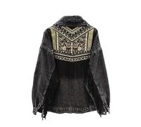 Women'S Jackets,Women'S Boho Tassel Denim Jacket Floral Embroidery Suede Fringe Jeans Tops Tailored Stretch Trucker Button Denim Coat Cardigan Cropped Jeansjacke For Girls Autumn Spring,Black,S