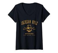 Womens Jackson Hole Wyoming Estd 1892 Skull Distressed Design V-Neck T-Shirt