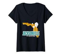 Womens Jacksonville Coastal City Palm Trees and Florida Map Vintage V-Neck T-Shirt