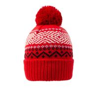 Women's Jacquard Knitted Bobble Hat with Geometric Pattern and Faux Fur Pom Pom - Berry / ONE