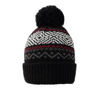 Women's Jacquard Knitted Bobble Hat with Geometric Pattern and Faux Fur Pom Pom - Black / ONE