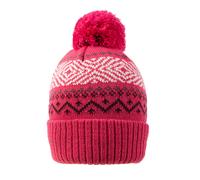Women's Jacquard Knitted Bobble Hat with Geometric Pattern and Faux Fur Pom Pom - Fuchsia / ONE
