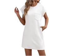 Women's Jacquard Knitted Dress Short Sleeve Crew Neck Casual Mini Dress with Pockets Knee-Length Dresses White