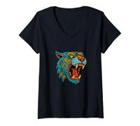 Womens Jaguar Maya Aztec Native Mexican Pride Mexican Mythology V-Neck T-Shirt