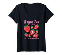 Womens J'aime Les Fruits Strawberry French Market Cute Kawaii V-Neck T-Shirt
