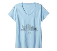 Womens Jakarta Java Skyline Asia Travel Souvenirs Black Cityscape V-Neck T-Shirt
