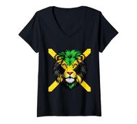 Women's Jamaica Flag Colors Lion Head V-Neck T-Shirt