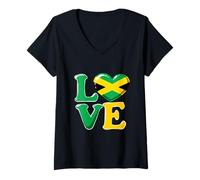 Womens Jamaica Flag Heart Love Design Jamaican V-Neck T-Shirt