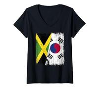 Womens Jamaica South Korea Half Flag Jamaican South Korean V-Neck T-Shirt