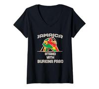 Womens Jamaica Stand with Ibrahim Traore and Burkina Faso Flag V-Neck T-Shirt