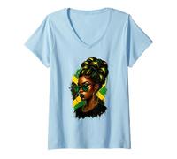 Womens Jamaican Afro Black Woman Jamaica Flag Girl Messy Bun Pride V-Neck T-Shirt
