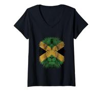 Womens Jamaican Flag Lion, Independence, Rasta Roots Strength Art V-Neck T-Shirt