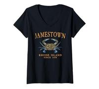 Women's Jamestown Rhode Island Crab Town Since 1678 Orange Letters V-Neck T-Shirt