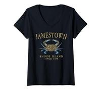 Women's Jamestown Rhode Island Crab Town Since 1678 Tan Letters V-Neck T-Shirt