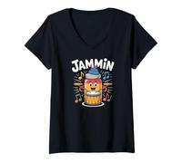 Womens Jammin Fun Drum Music Cute Cartoon V-Neck T-Shirt