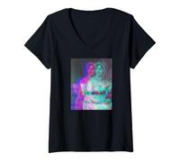 Women's Jane Austen Portrait Artsy Modern Glitch V-Neck T-Shirt