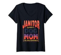 Womens Janitor and Dog Mom Unstoppable Funny Cleaning Pet Design V-Neck T-Shirt