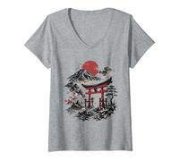 Women's Japan Mount Fuji Torii Gate Sunset Japanese Landscape V-Neck T-Shirt