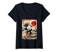 Womens Japan Surfing Panda Kawaii Anime GreatWave Surfing Japanese V-Neck T-Shirt