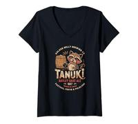 Womens Japan Tanuki Sake Beer Cute Japan Folklore Travel Souvenir V-Neck T-Shirt