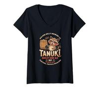 Womens Japan Tanuki Sake Beer Cute Japan Folklore Travel Souvenir V-Neck T-Shirt