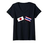 Womens Japan Thailand Crossed Flags Japanese Thai Unity V-Neck T-Shirt