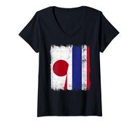 Womens Japan Thailand Half Flag Japanese Thai Roots V-Neck T-Shirt