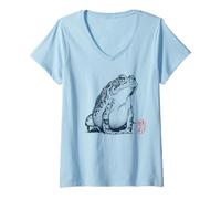 Women's Japanese Aesthetic Cottagecore Toad Frog Kanji Seal V-Neck T-Shirt