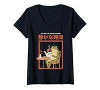 Womens Japanese Aesthetic Frog Coffee The Art of Doing Nothing V-Neck T-Shirt