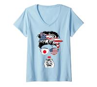 Womens Japanese American Coffee Mom Girl Sister Aunt Japan USA Flag V-Neck T-Shirt