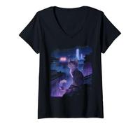 Women's Japanese Anime Cat Sitting on a City Rooftop at Night V-Neck T-Shirt
