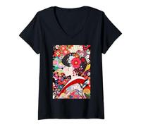 Womens Japanese Anime Style Kimono Girl Flowers Art V-Neck T-Shirt