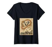 Women's Japanese Art Dalmatian Dragon Retro Great Wave Vintage Dog V-Neck T-Shirt