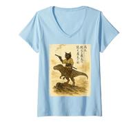 Womens Japanese Calligraphy Cat Rides Dinosaur with Haiku V-Neck T-Shirt